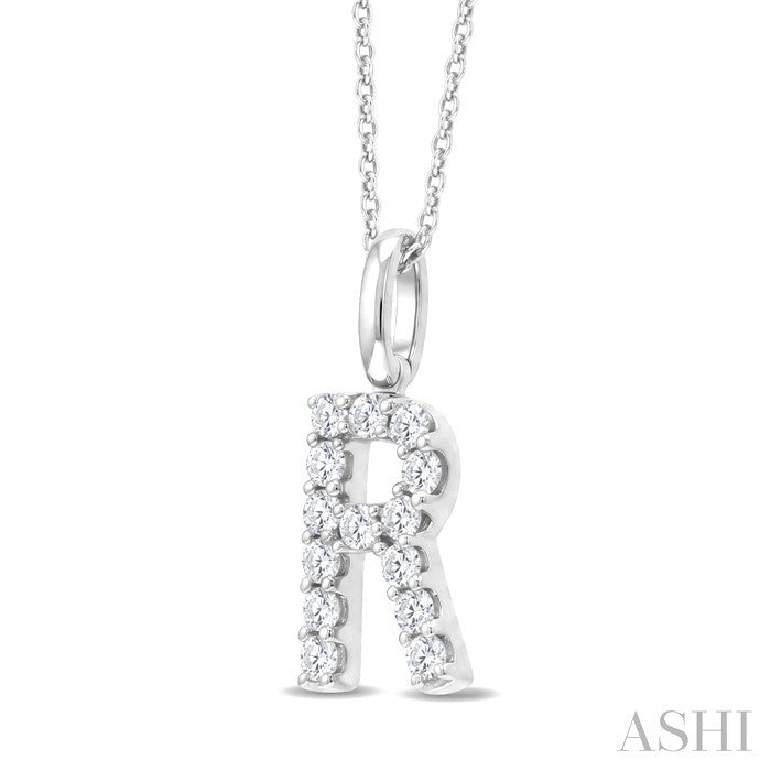 1/3 Ctw Initial 'R' Round Cut Diamond Pendant With Chain in 14K White Gold