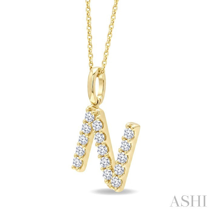 1/3 Ctw Initial 'N' Round Cut Diamond Pendant With Chain in 14K Yellow Gold