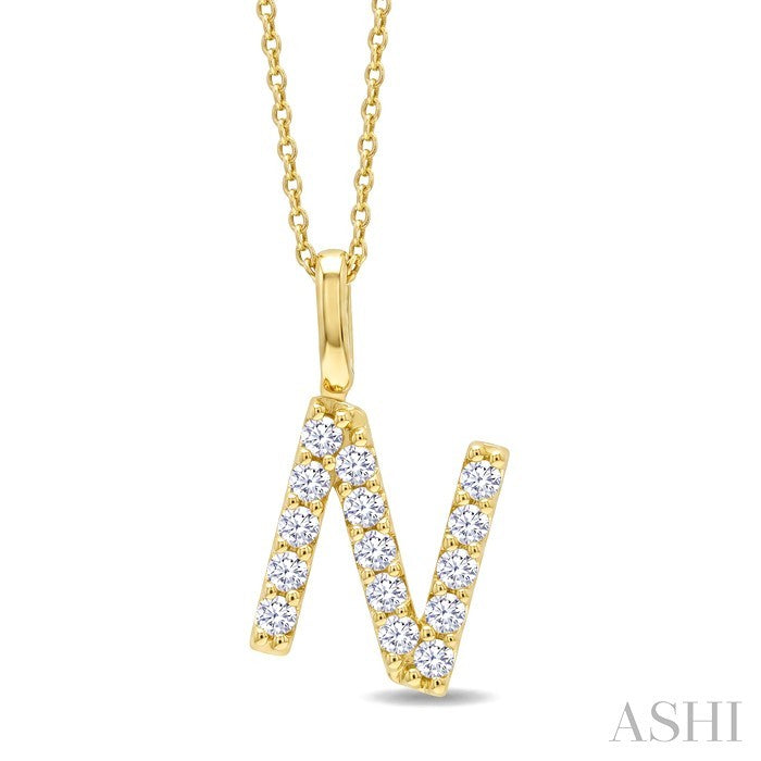 1/3 Ctw Initial 'N' Round Cut Diamond Pendant With Chain in 14K Yellow Gold