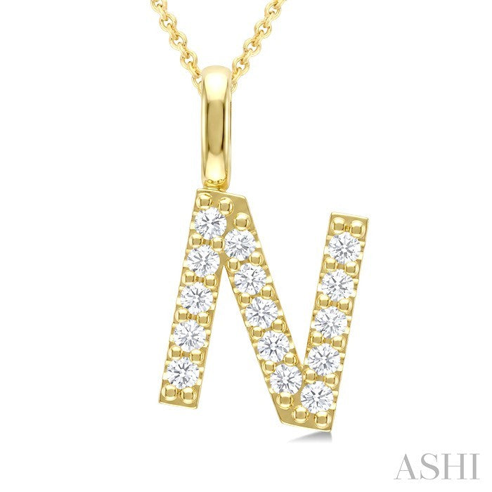 1/3 Ctw Initial 'N' Round Cut Diamond Pendant With Chain in 14K Yellow Gold