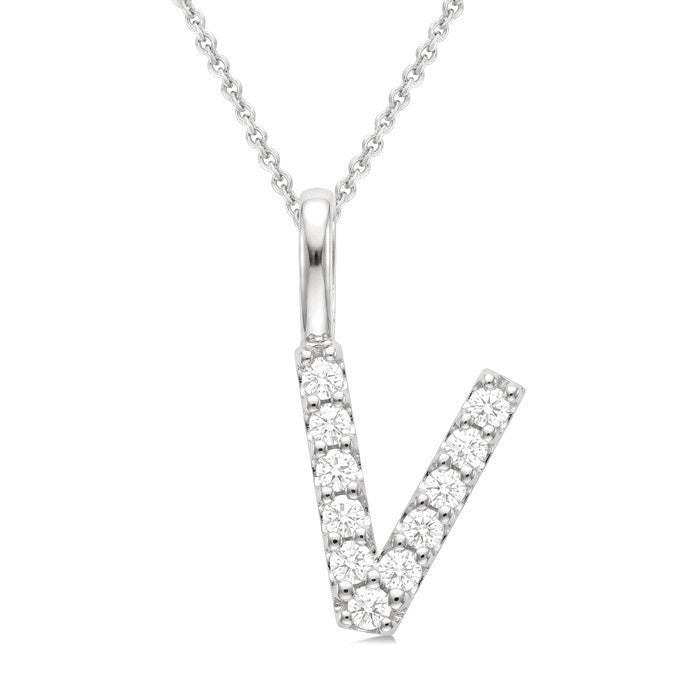 1/4 Ctw Initial 'V' Round Cut Diamond Pendant With Chain in 14K White Gold