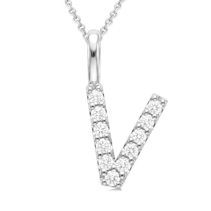 1/4 Ctw Initial 'V' Round Cut Diamond Pendant With Chain in 14K White Gold