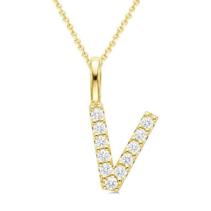 1/4 Ctw Initial 'V' Round Cut Diamond Pendant With Chain in 14K Yellow Gold