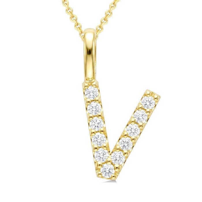 1/4 Ctw Initial 'V' Round Cut Diamond Pendant With Chain in 14K Yellow Gold
