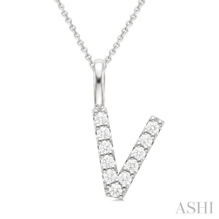 1/4 Ctw Initial 'V' Round Cut Diamond Pendant With Chain in 14K White Gold