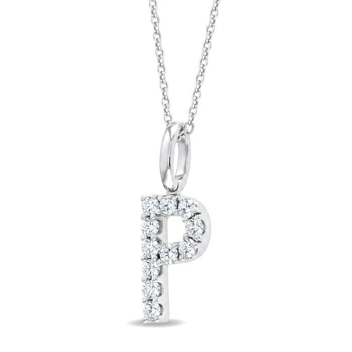1/5 Ctw Initial 'P' Round Cut Diamond Pendant With Chain in 14K White Gold