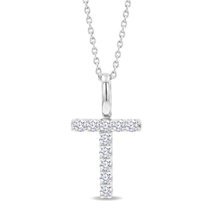 1/5 Ctw Initial 'T' Round Cut Diamond Pendant With Chain in 14K White Gold