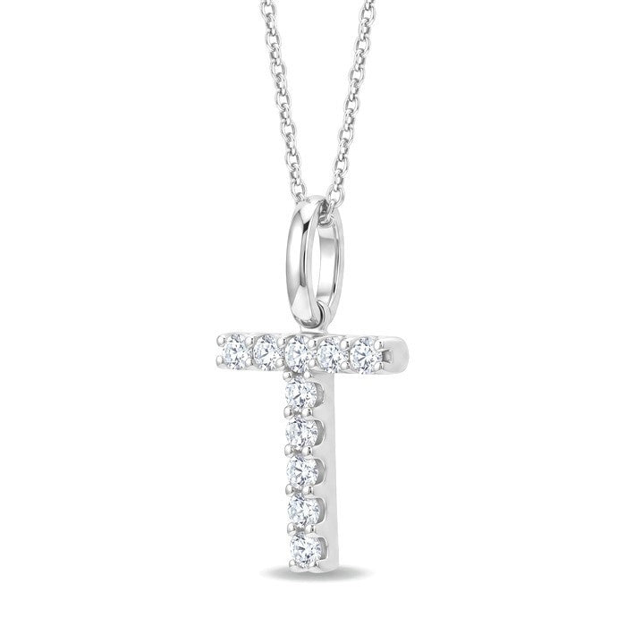 1/5 Ctw Initial 'T' Round Cut Diamond Pendant With Chain in 14K White Gold