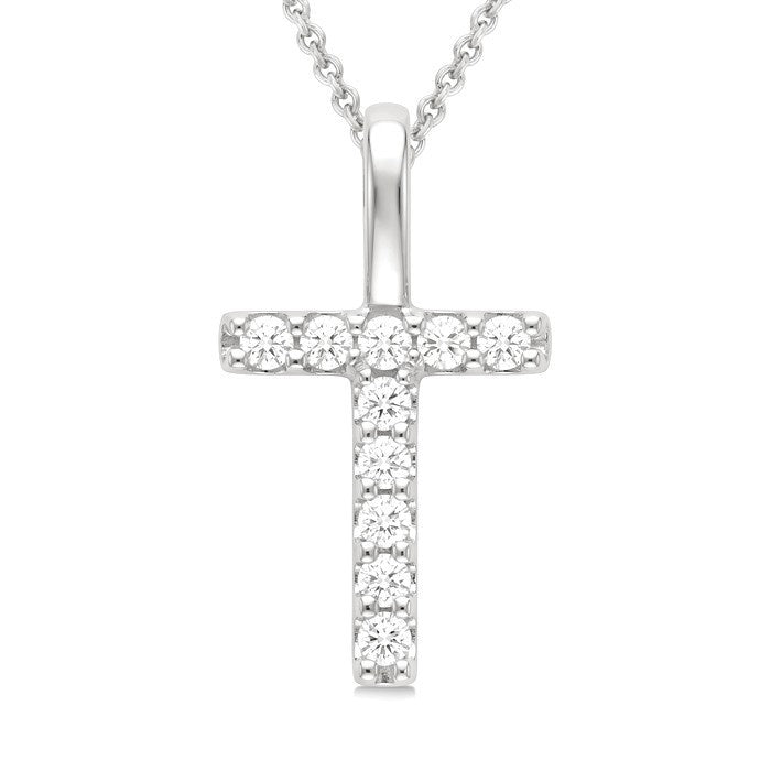 1/5 Ctw Initial 'T' Round Cut Diamond Pendant With Chain in 14K White Gold