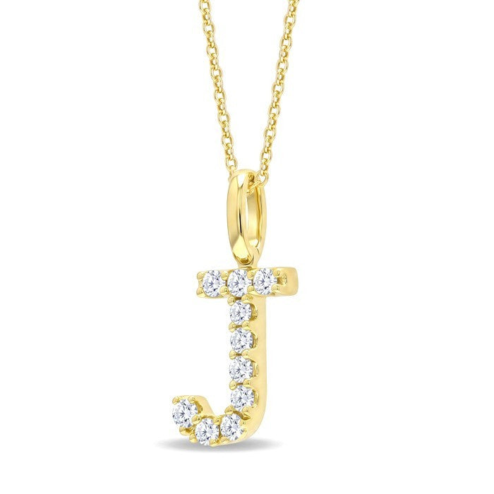 1/5 Ctw Initial 'J' Round Cut Diamond Pendant With Chain in 14K Yellow Gold