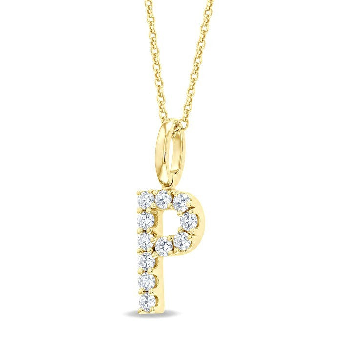 1/5 Ctw Initial 'P' Round Cut Diamond Pendant With Chain in 14K Yellow Gold