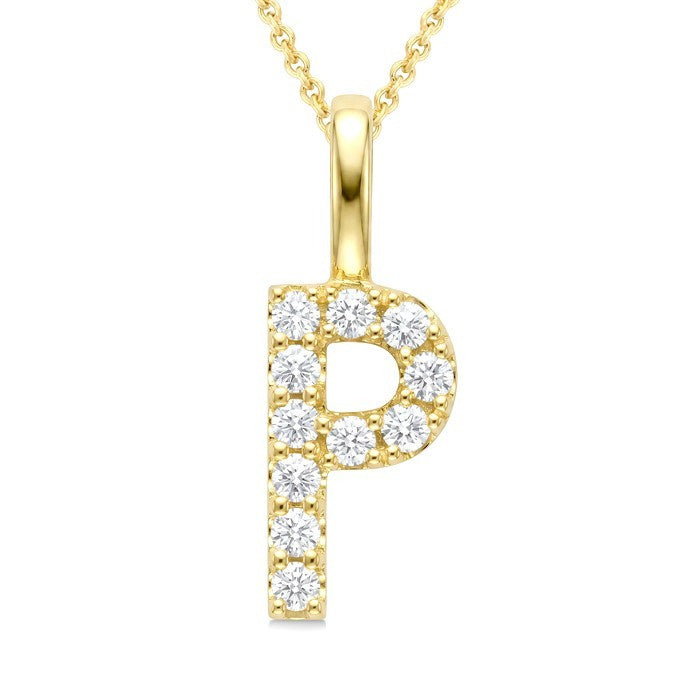 1/5 Ctw Initial 'P' Round Cut Diamond Pendant With Chain in 14K Yellow Gold