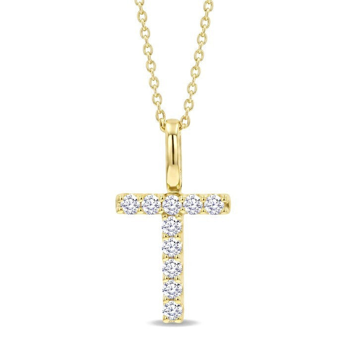1/5 Ctw Initial 'T' Round Cut Diamond Pendant With Chain in 14K Yellow Gold