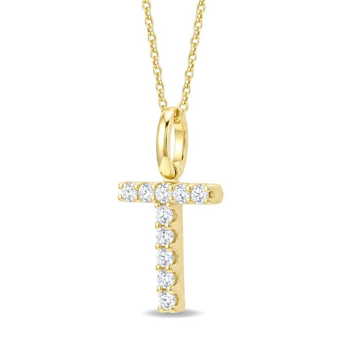 1/5 Ctw Initial 'T' Round Cut Diamond Pendant With Chain in 14K Yellow Gold