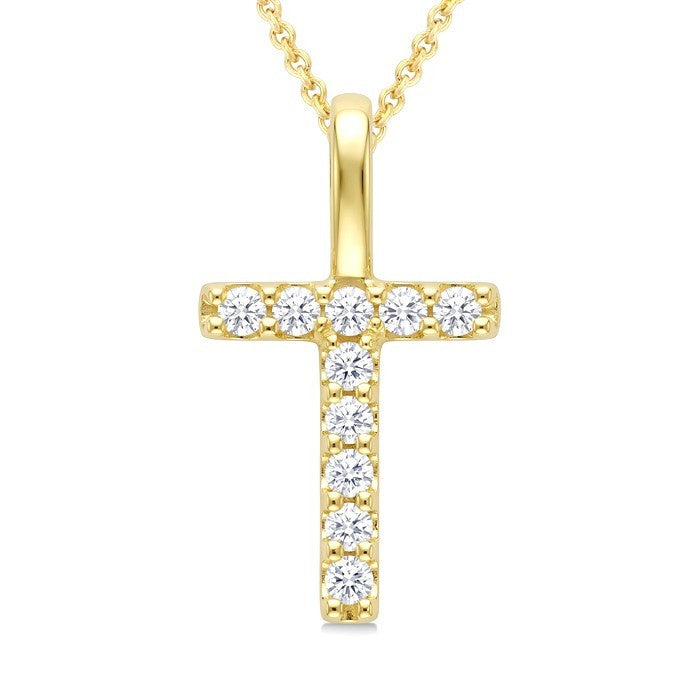 1/5 Ctw Initial 'T' Round Cut Diamond Pendant With Chain in 14K Yellow Gold