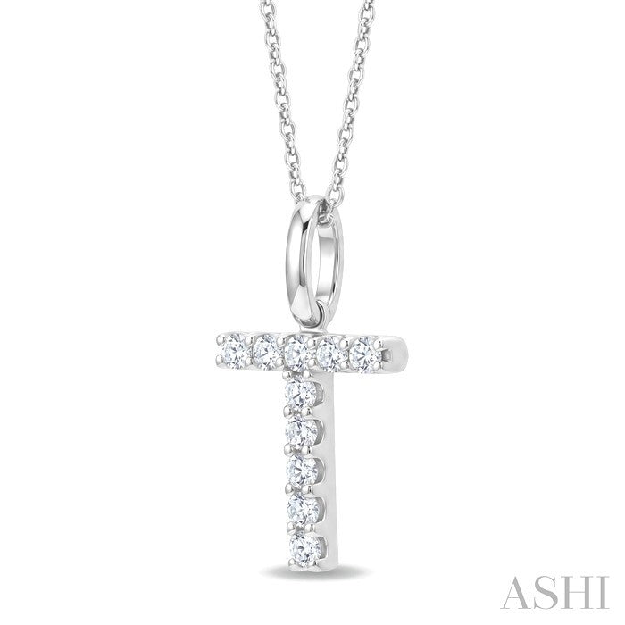 1/5 Ctw Initial 'T' Round Cut Diamond Pendant With Chain in 14K White Gold