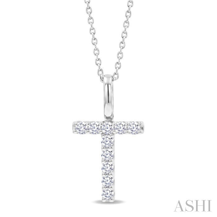 1/5 Ctw Initial 'T' Round Cut Diamond Pendant With Chain in 14K White Gold