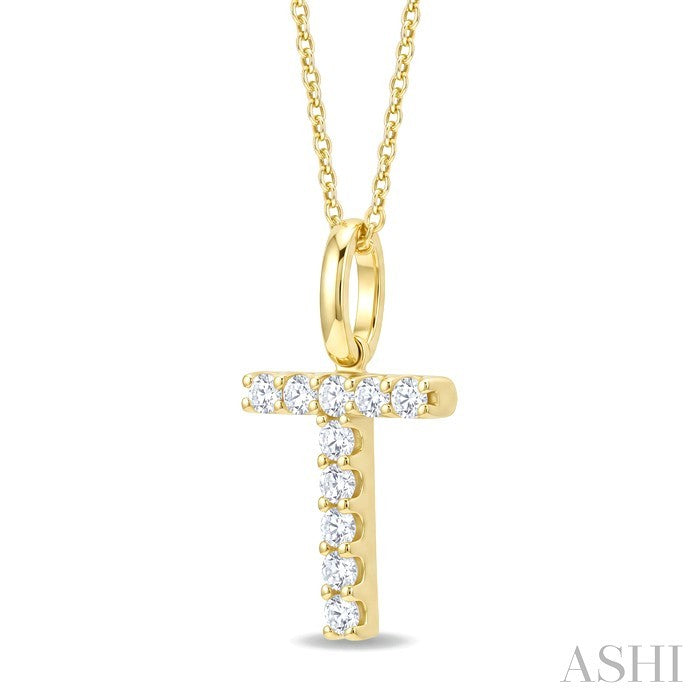 1/5 Ctw Initial 'T' Round Cut Diamond Pendant With Chain in 14K Yellow Gold
