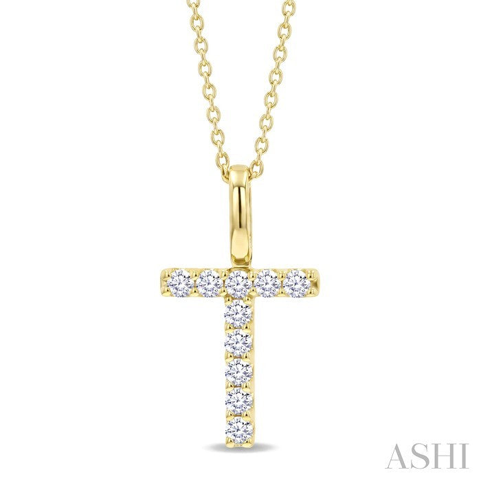 1/5 Ctw Initial 'T' Round Cut Diamond Pendant With Chain in 14K Yellow Gold