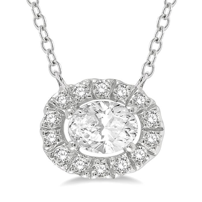 1/4 Ctw Oval and Round Cut Diamond Halo Fashion Petite Pendant With Chain in 14K White Gold