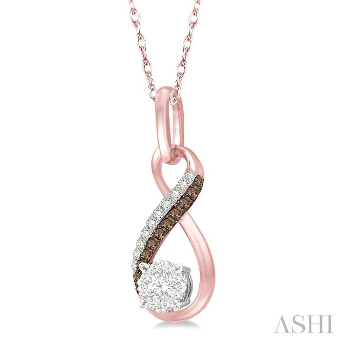 1/5 Ctw Winding Brown & White Round Cut Diamond Shine Bright Pendant With Link Chain in 14K Rose Gold