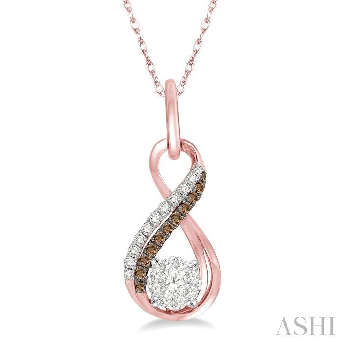 1/5 Ctw Winding Brown & White Round Cut Diamond Shine Bright Pendant With Link Chain in 14K Rose Gold