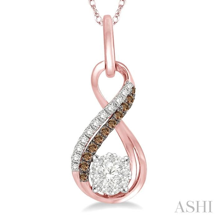 1/5 Ctw Winding Brown & White Round Cut Diamond Shine Bright Pendant With Link Chain in 14K Rose Gold
