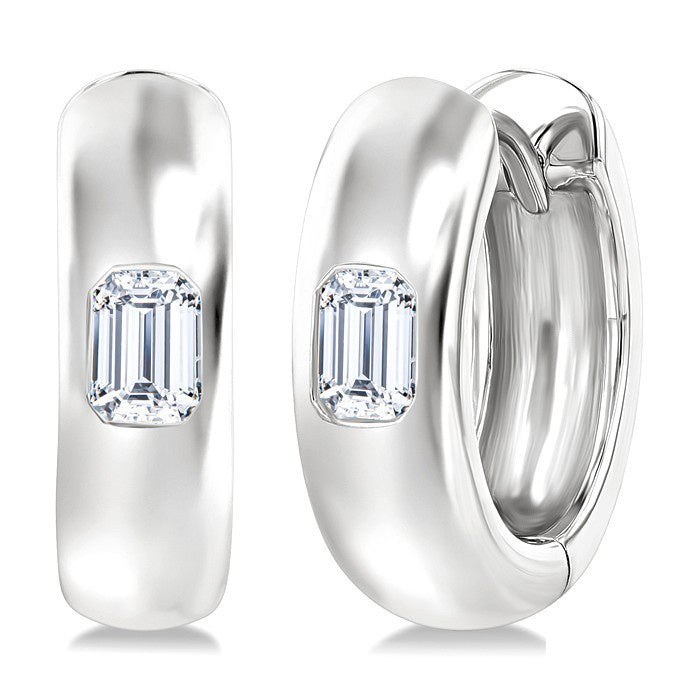 1/3 Ctw Bezel Set Emerald Cut Diamond Fashion Huggie Earrings in 14K White Gold