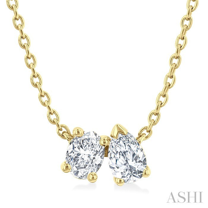 1/3 Ctw Toi Et Moi Oval and Pear Cut Diamond Pendant With Chain in 14K Yellow Gold
