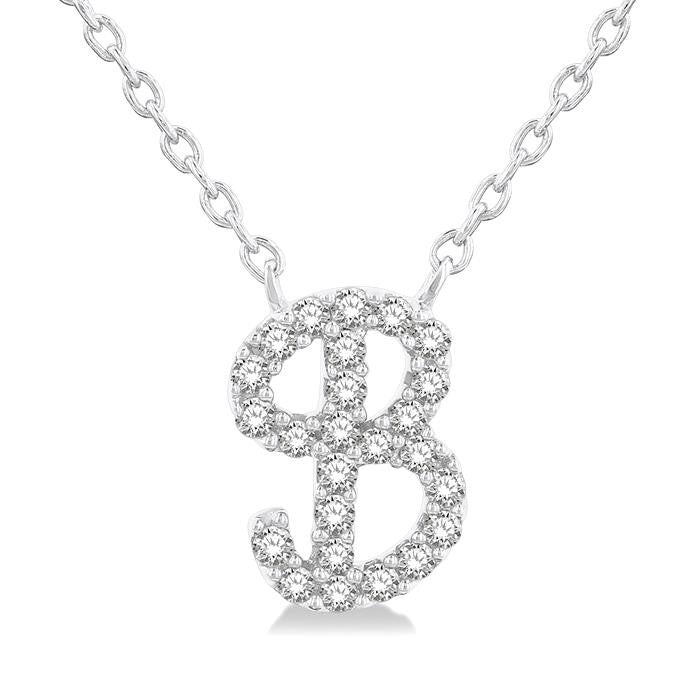 1/10 Ctw Initial 'B' Calligraphy Round Cut Diamond Fashion Pendant With Chain in 10K White Gold