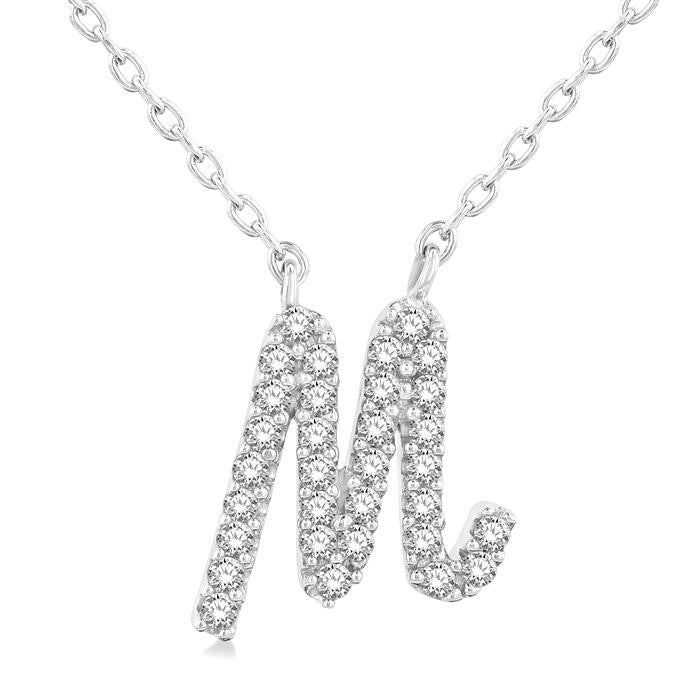 1/10 Ctw Initial 'M' Calligraphy Round Cut Diamond Fashion Pendant With Chain in 10K White Gold