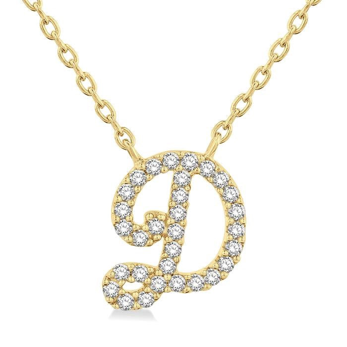 1/10 Ctw Initial 'D' Calligraphy Round Cut Diamond Fashion Pendant With Chain in 10K Yellow Gold