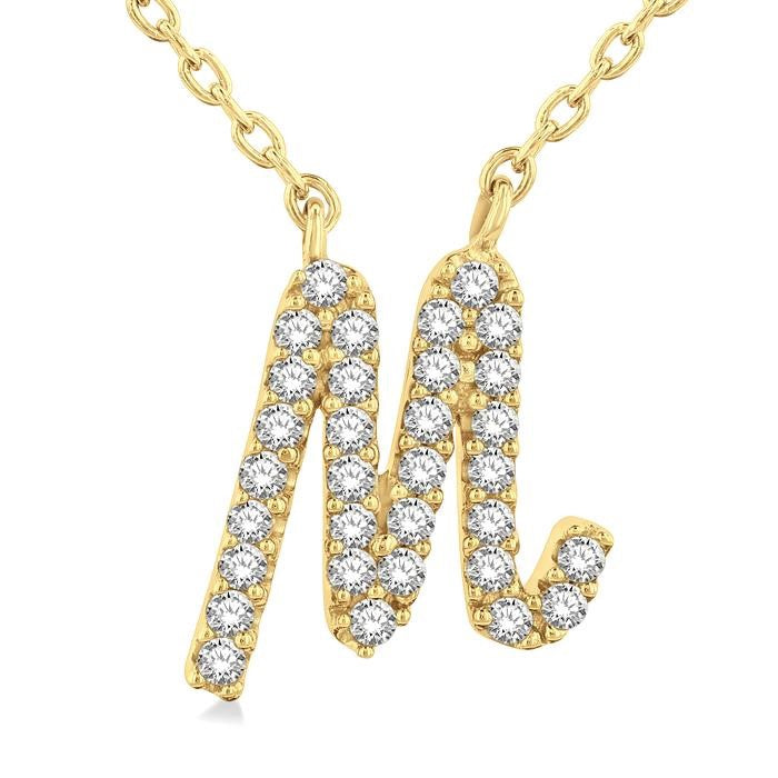 1/10 Ctw Initial 'M' Calligraphy Round Cut Diamond Fashion Pendant With Chain in 10K Yellow Gold