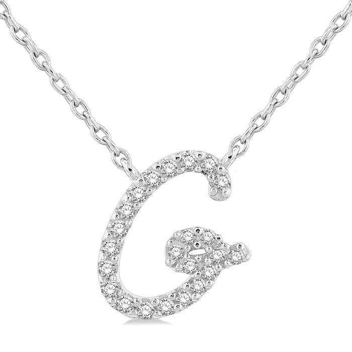 1/10 Ctw Initial 'G' Round cut Diamond Pendant With Chain in 14K White Gold