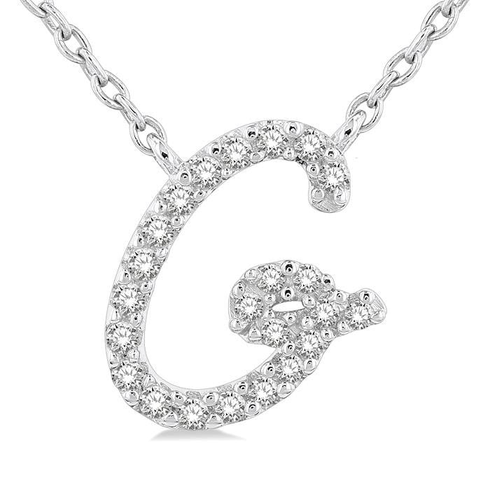 1/10 Ctw Initial 'G' Round cut Diamond Pendant With Chain in 14K White Gold