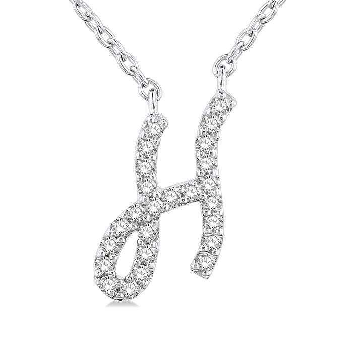 1/20 Ctw Initial 'H' Round cut Diamond Pendant With Chain in 14K White Gold