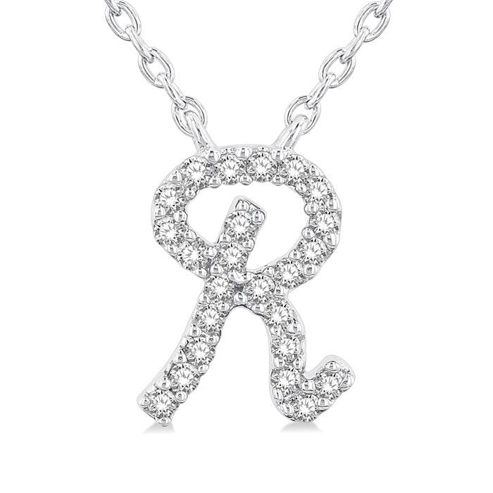 1/20 Ctw Initial 'R' Round cut Diamond Pendant With Chain in 14K White Gold