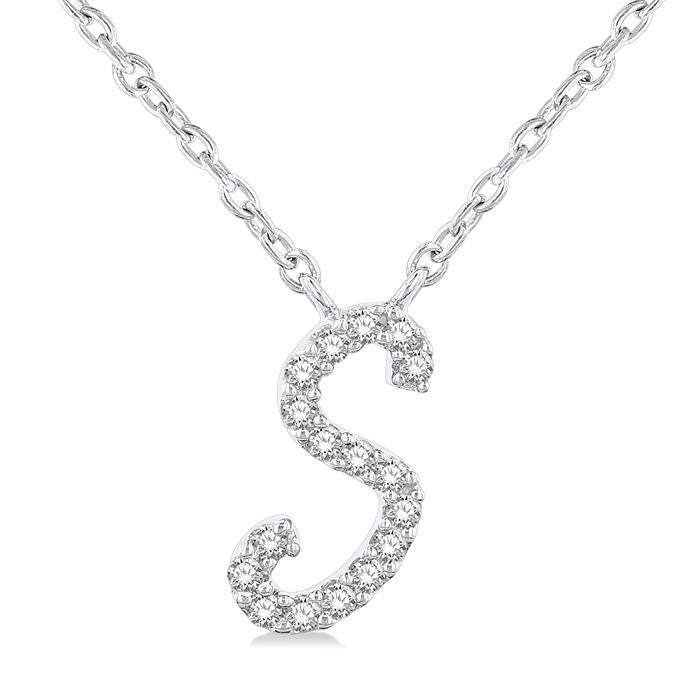 1/20 Ctw Initial 'S' Round cut Diamond Pendant With Chain in 14K White Gold
