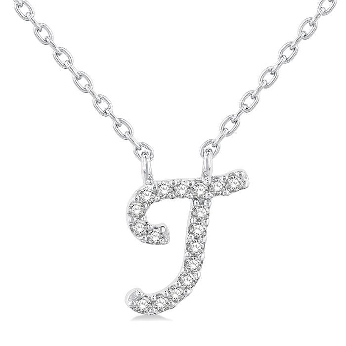 1/20 Ctw Initial 'T' Round cut Diamond Pendant With Chain in 14K White Gold