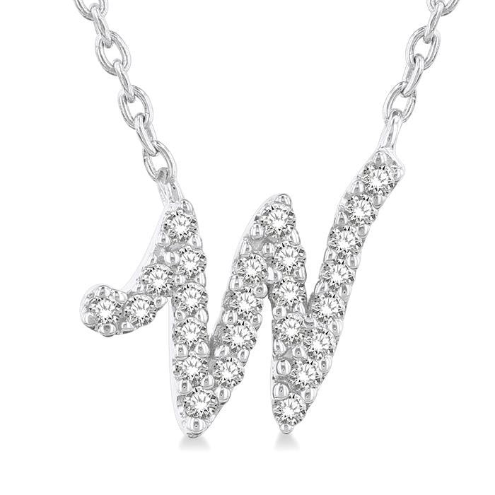 1/10 Ctw Initial 'W' Round cut Diamond Pendant With Chain in 14K White Gold