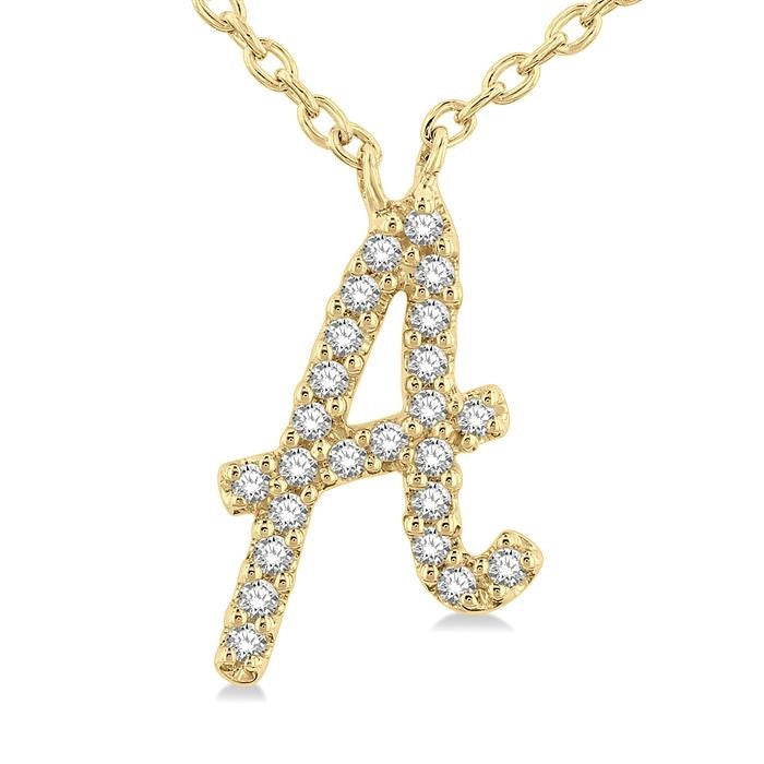 1/20 Ctw Initial 'A' Round cut Diamond Pendant With Chain in 14K Yellow Gold