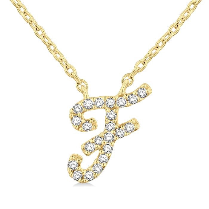 1/20 Ctw Initial 'F' Round cut Diamond Pendant With Chain in 14K Yellow Gold