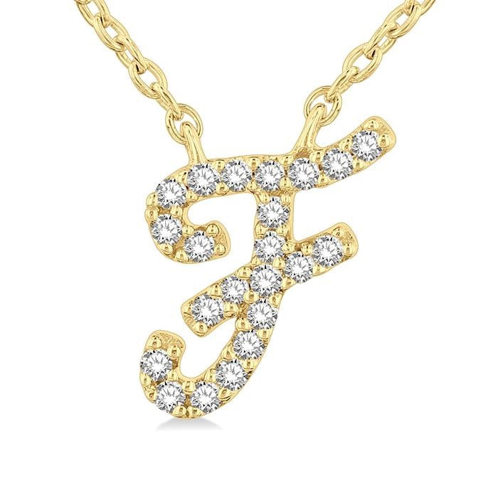 1/20 Ctw Initial 'F' Round cut Diamond Pendant With Chain in 14K Yellow Gold
