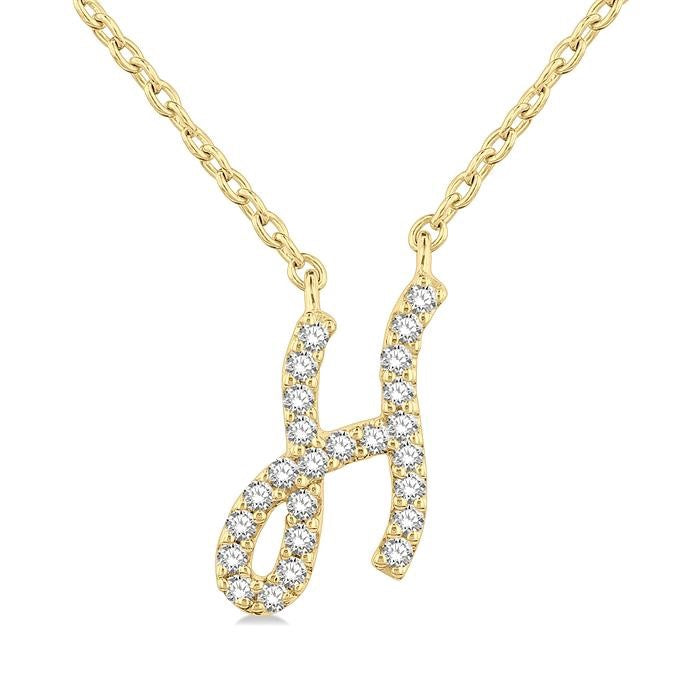 1/20 Ctw Initial 'H' Round cut Diamond Pendant With Chain in 14K Yellow Gold
