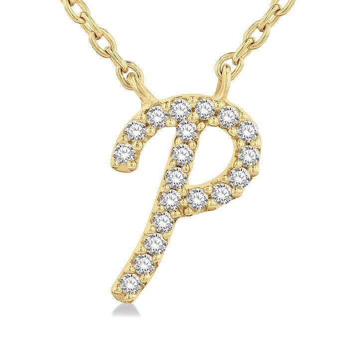 1/20 Ctw Initial 'P' Round cut Diamond Pendant With Chain in 14K Yellow Gold