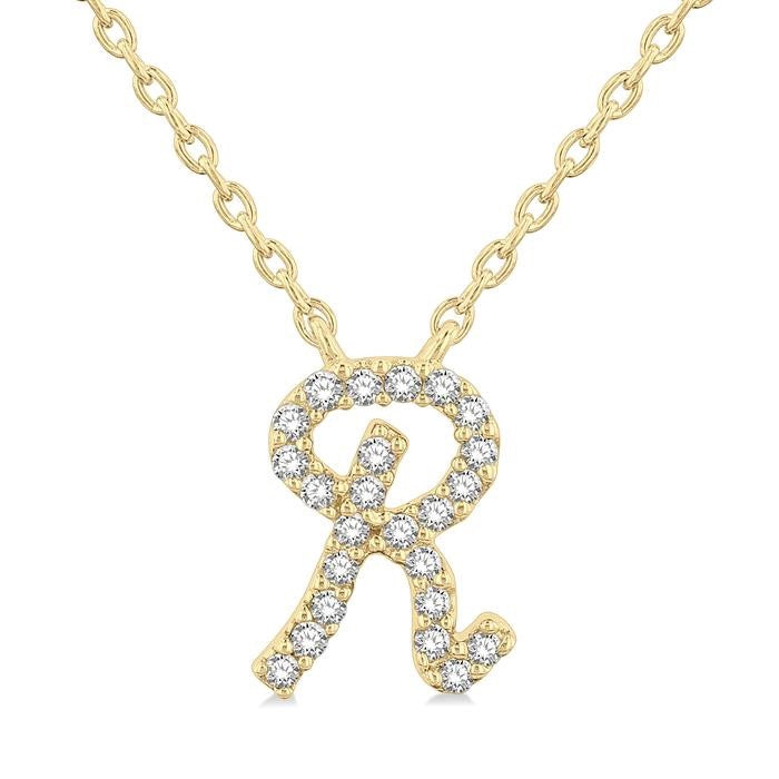1/20 Ctw Initial 'R' Round cut Diamond Pendant With Chain in 14K Yellow Gold