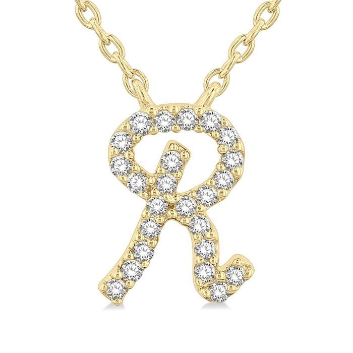 1/20 Ctw Initial 'R' Round cut Diamond Pendant With Chain in 14K Yellow Gold
