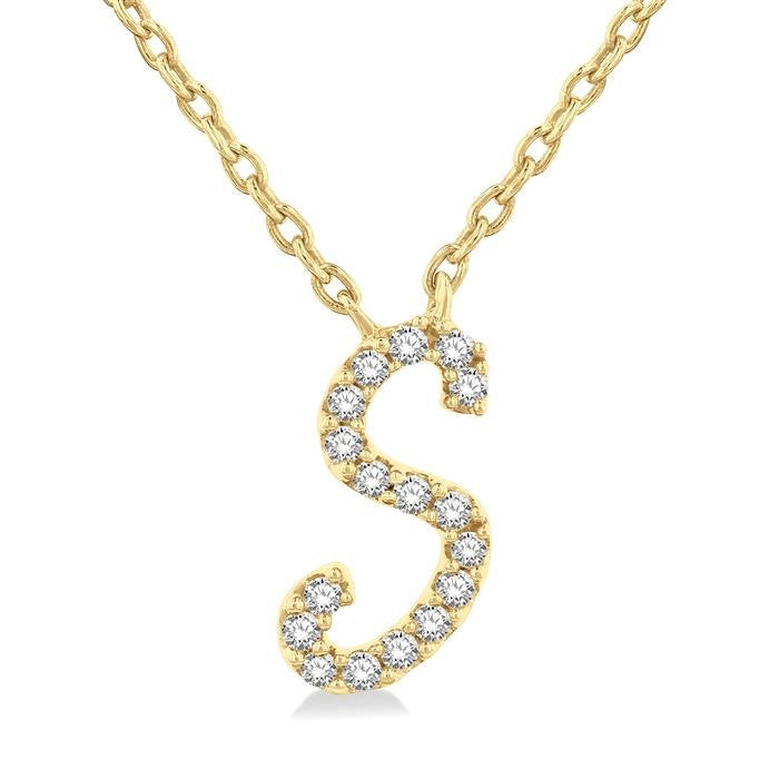 1/20 Ctw Initial 'S' Round cut Diamond Pendant With Chain in 14K Yellow Gold