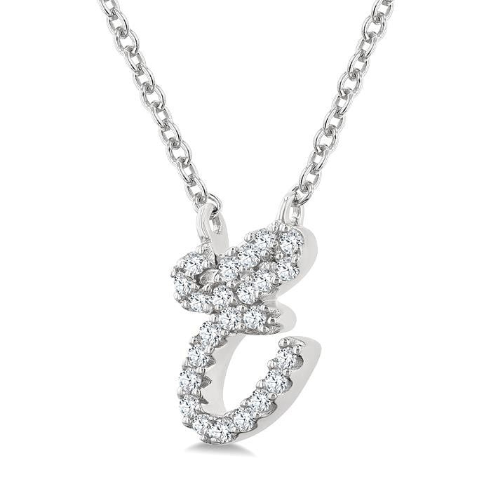 1/20 Ctw Initial 'E' Round cut Diamond Pendant With Chain in 10K White Gold