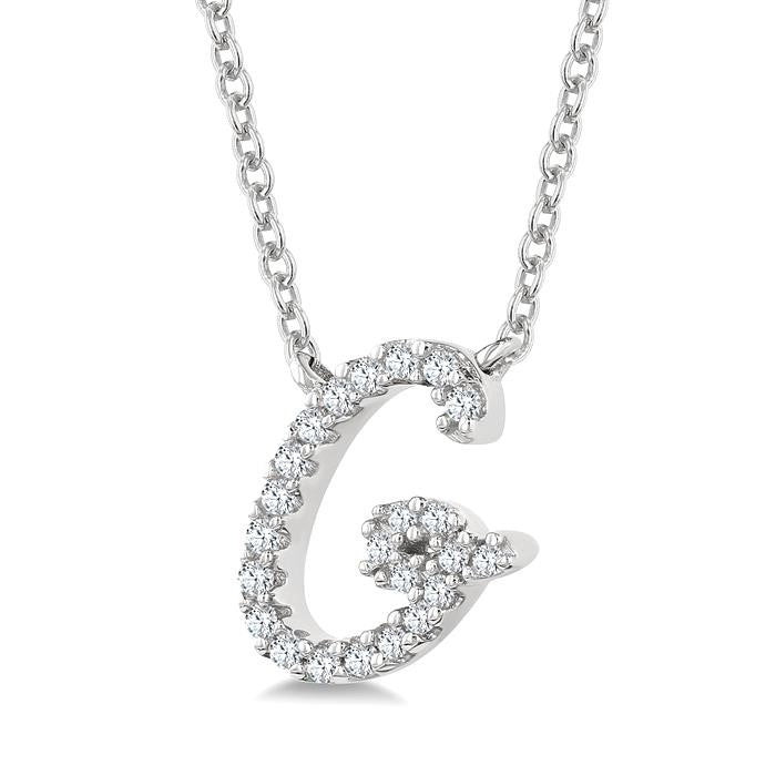 1/10 Ctw Initial 'G' Round cut Diamond Pendant With Chain in 10K White Gold